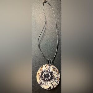 Capiz Shell Floral Designed Printed Bohemian Resin Pendant Cord Necklace